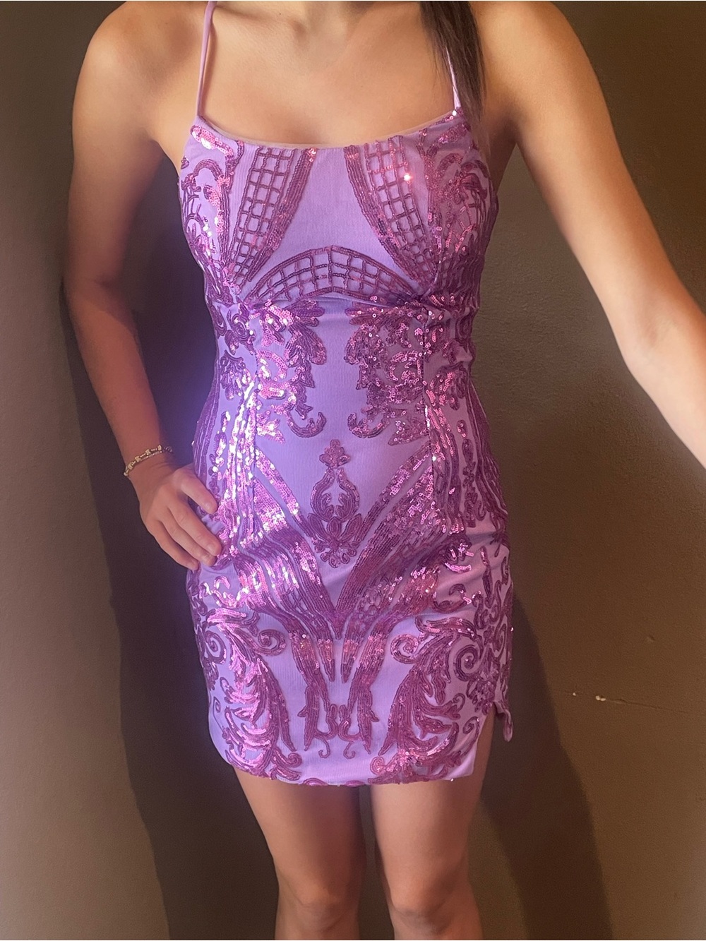 Lilac Sequin Embellished Spaghetti Strap Mini Dress
